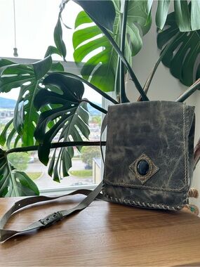 Handcrafted Distressed Dark green Leather Crossbody Bag with Stone Accent